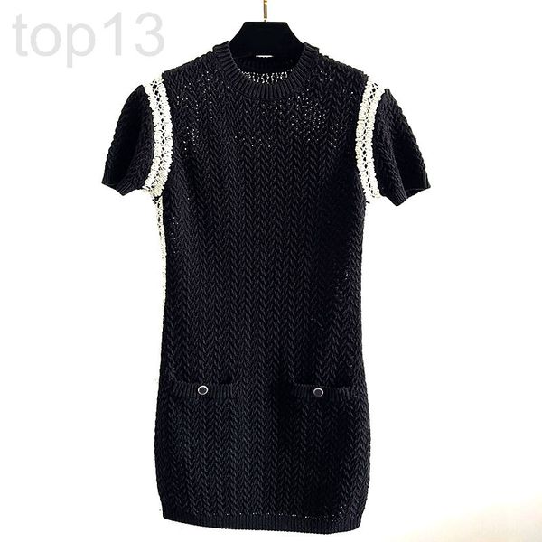 

casual dresses designer xiaoxiangfeng knitted short sleeved hollow out dress 22 spring and summer new black white stitching contrast color w, Black;gray