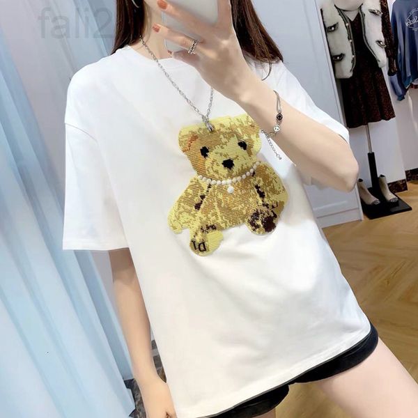 

women's t-shirt designer jiuskoli summer 21 new three-dimensional embroidery teddy bear half sleeve t-shirt women's loose lovers&#, White