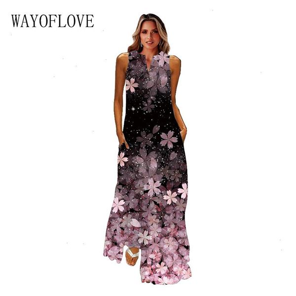 

wayoflove floral print v neck dress summer holiday beach casual elegant vintage dresses woman party sleeveless long women, Black;gray