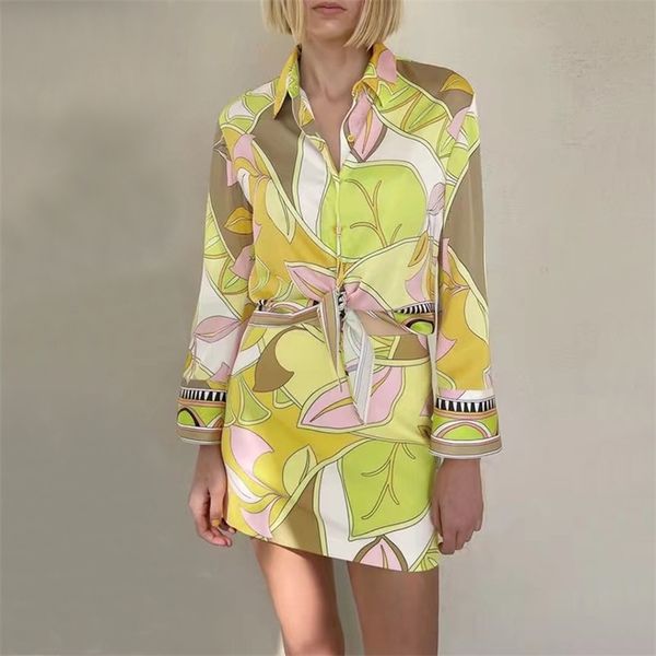 

summer women fashion print long sleeve shirt with high waist mini skirts female streetwear wear sets xx8549 220722, White