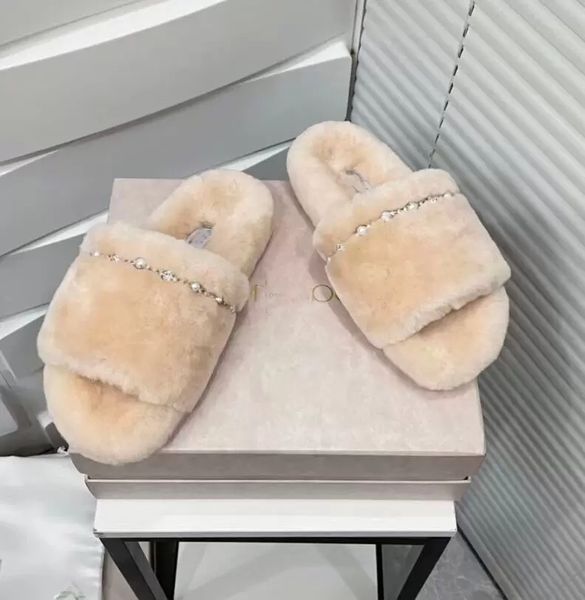

winter warm sandals flats aliette slippers women's pearls & crystals scuffs soft shearling slides comfort lady walking shoes, Black