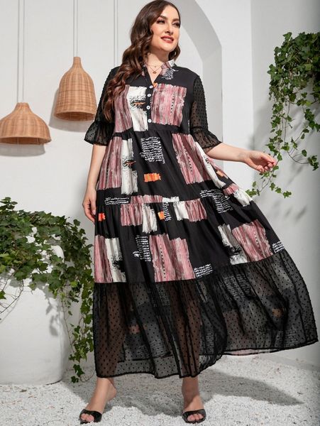 

plus random slogan & brush print swiss dot flounce sleeve dress 87hx#, Black
