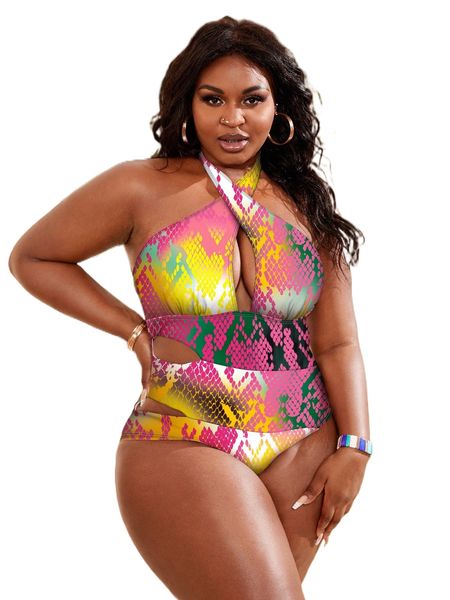 

plus leopard cut-out cross one piece swimsuit k4iv#, White;black