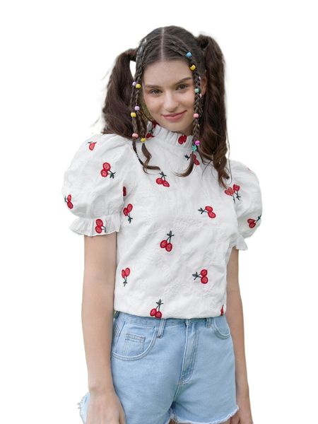 

mod paisley & cherry embroidery puff sleeve frill neck blouse z4el#, White