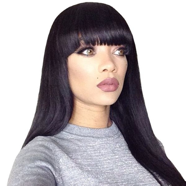 

anlimer 13x6 lace front brazilian remy human hair wigs with baby hair pre plucked silky straight with bangs, Black