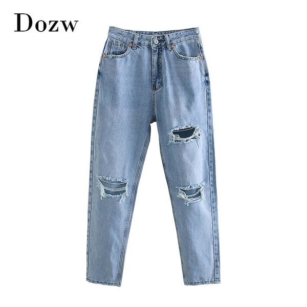 Frauen Ganzkörperansicht Chic Löcher Jeans Retro Ripped Bleistift Hosen Dame Reißverschluss Fly Hellblaue Farbe Hosen Femme Pantalon 210515