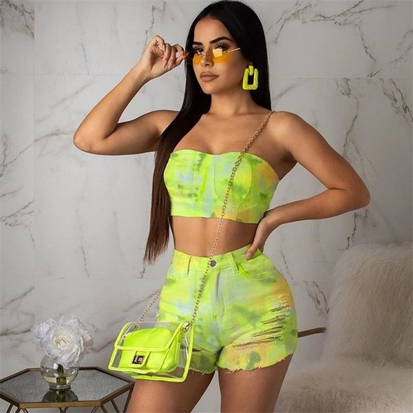 

tie dye denim two piece set women strapless and hole jeans shorts female summer matching set outfits clubwear female t200325, White