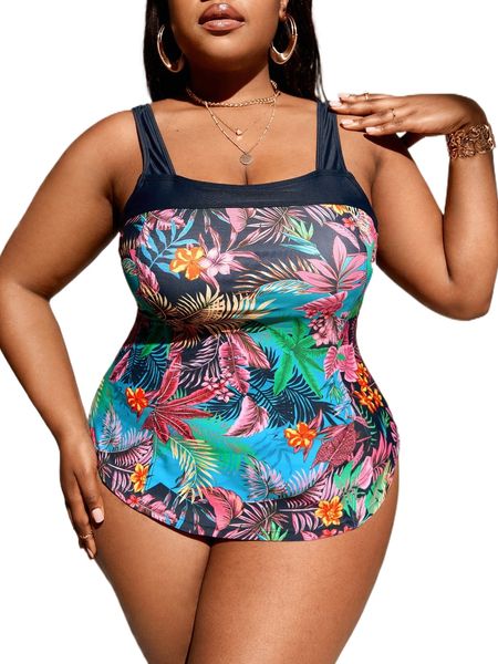 

plus tropical print one piece swimsuit n1ss#, White;black