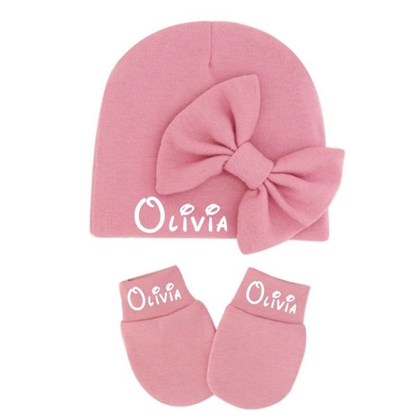 

personalized baby hat mittens with bow shower custom name born gift scratch pink girl 220813gx, Blue;gray