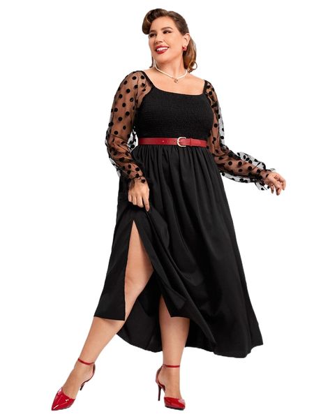 

plus contrast dobby mesh panel split hem dress without belt 350g#, Black