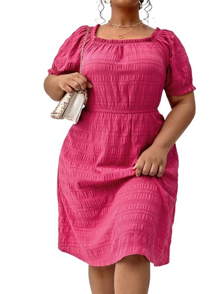 

plus square neck puff sleeve a-line dress m0a2#, Black