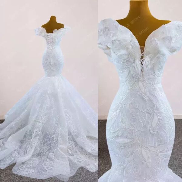 Mermaid 2022 Designer Vestidos de noiva vestido de noiva fora do ombro Apliques de penas de penas de babados personalizados