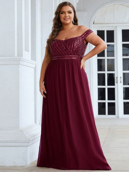 

ever-pretty plus contrast sequins off shoulder chiffon prom dress l3c0#, Black