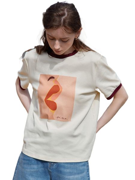 

simple retro letter & figure graphic contrast binding tee j0m9#, White