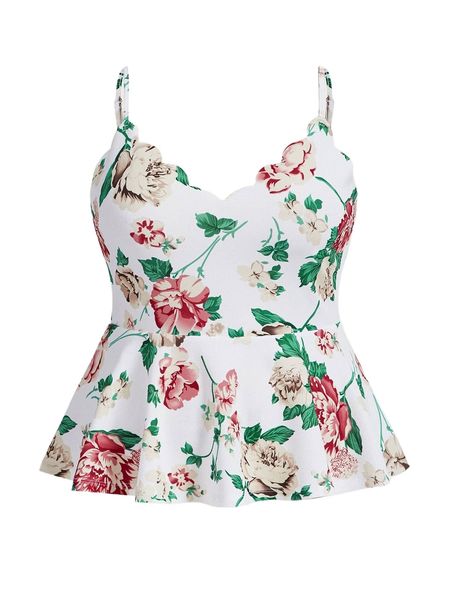 

plus floral print scallop trim peplum cami e03v#, Black