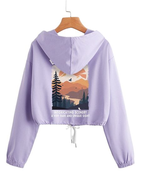 

tree & slogan graphic drawstring hem hoodie s30e#, Black