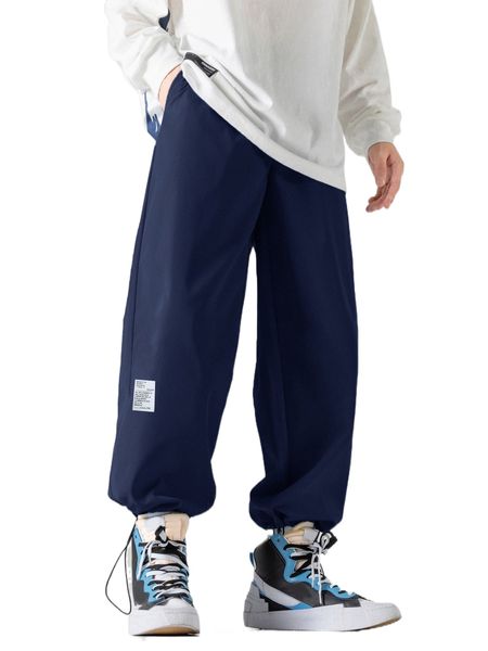 

men patched detail drawstring hem pants r4s2#, Black