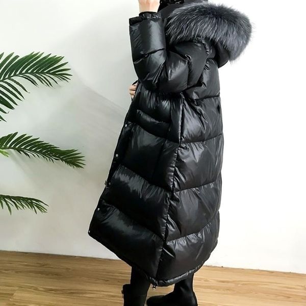 

large real natural raccoon fur winter women down jacket long thick warm coat white duck down jacket female plus size coat y200107, Black