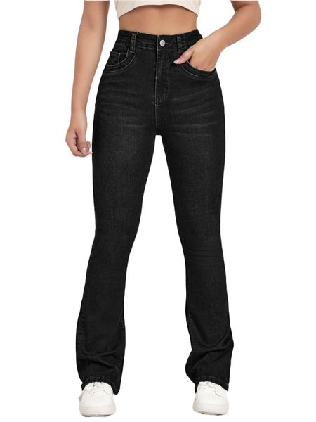 

high waist moustache effect flare leg jeans j9yo#, Blue