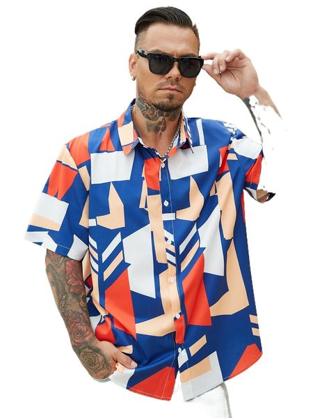 

extended sizes men geo print button up shirt y2ra#, White;black