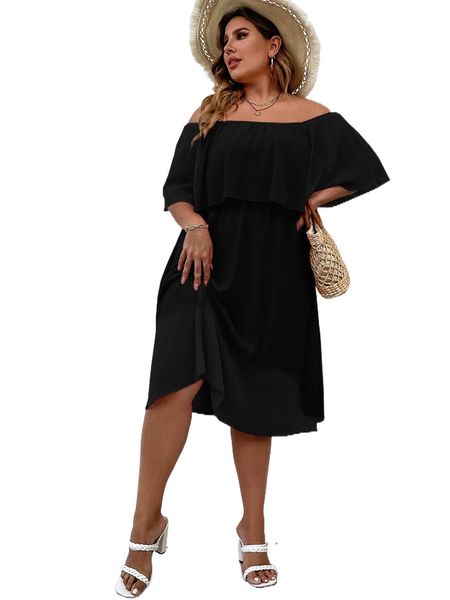 

plus off shoulder solid dress y6dn#, Black