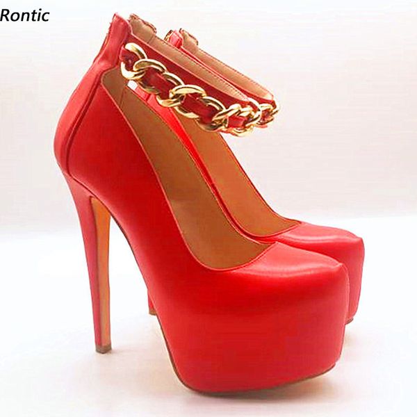 Rontic Made Women Platform bombeia a cadeia de ouro Stiletto salto alto redondo dedo do pé lindos Red Fuchsia Cosplay Shoes Tamanho 5-20