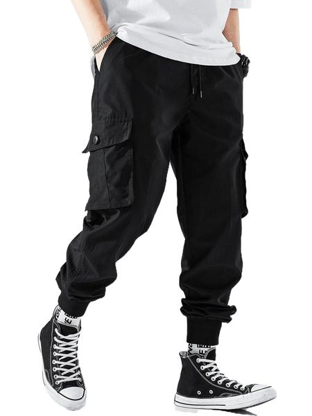 

men flap pocket side drawstring waist cargo pants k8cr#, Black