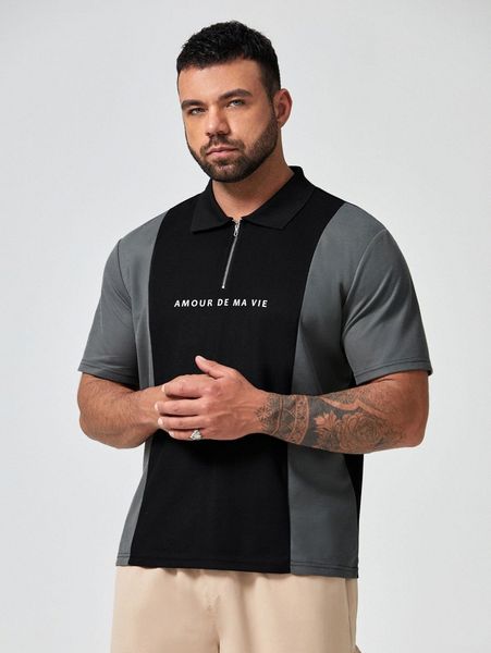 

extended sizes men letter graphic color-block zipper polo shirt u6u0#, White;black