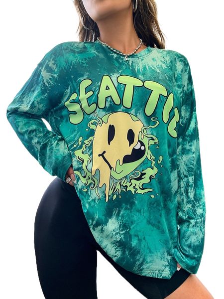 

letter & cartoon face print tie dye drop shoulder tee o89x#, White