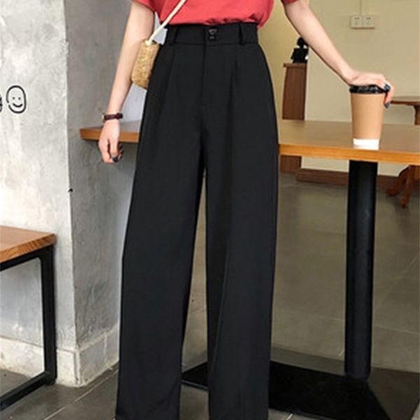 Женщины Широкие брюки ноги летние тонкие ткани классические высокие талии карманы кнопки летание длинные палаццо брюки корейские повседневные дниры 220325