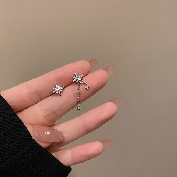 

s3024 fashion jewelry s925 silver post earrings asymmetrical inlaid diamond star tassel stud earrings, Golden;silver