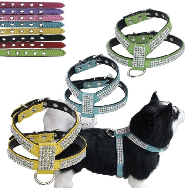 Collari per cani Guinzagli in camoscio con strass Imbracatura Cucciolo Gilet in cristallo scintillante per piccoli gatti medi Animali domestici Chihuahua Barboncino Shih Tzu Y5GB