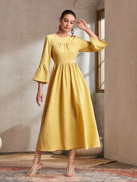 

solid flounce sleeve textured a-line dress p9lh#, Black;gray