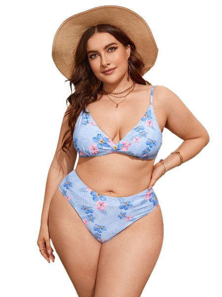 

plus tropical print high waist bikini swimsuit 89sd#, White;black