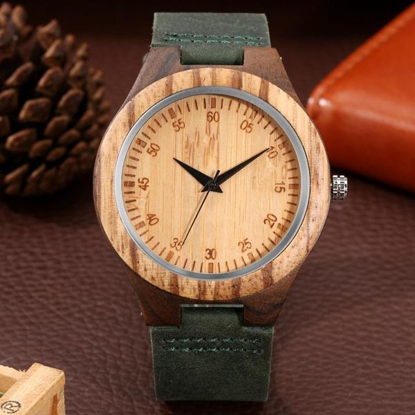 Relógios de pulso relógios masculinos Retro Band de couro verde escuro de madeira de escala precisa relógio masculino quartzo wristwatch reclama hombre