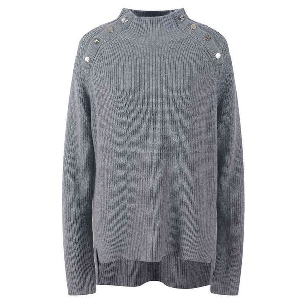 

women's knits tees in autumn and winter of the half high collar gray sweater is worn outside sweater women's button decoration loo, White