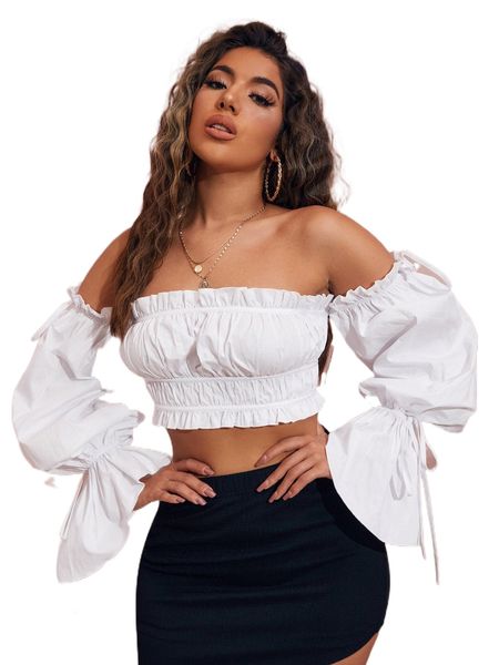 

sxy off shoulder ruffle trim knot sleeve o960#, White
