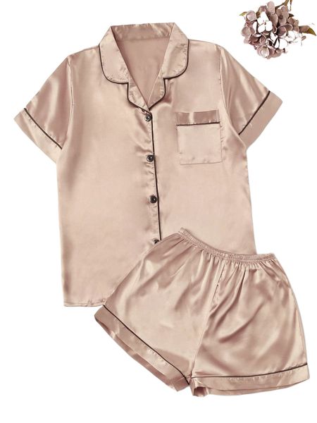 

contrast binding satin pj set t7vj#, Black;red