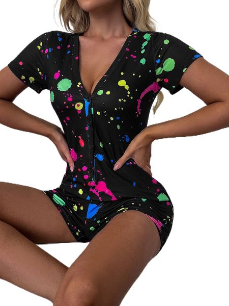 

color ink splash button front romper w1u6#, Black;red