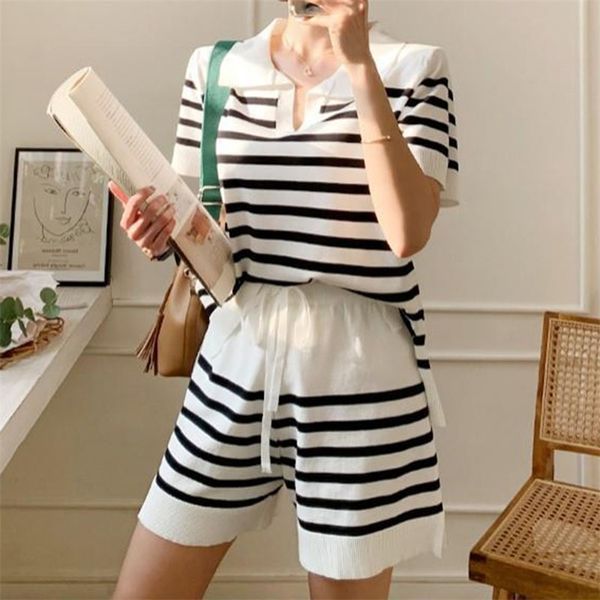 

casual tracksuits loose trendy striped knitted suit female lapel short pullover sashes bow high waist shorts 2 piece sets 220608, White