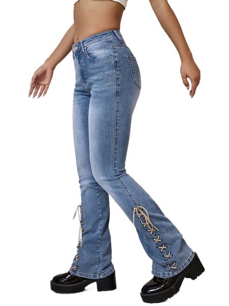 

lace up side bootcut jeans m5bu#, Blue