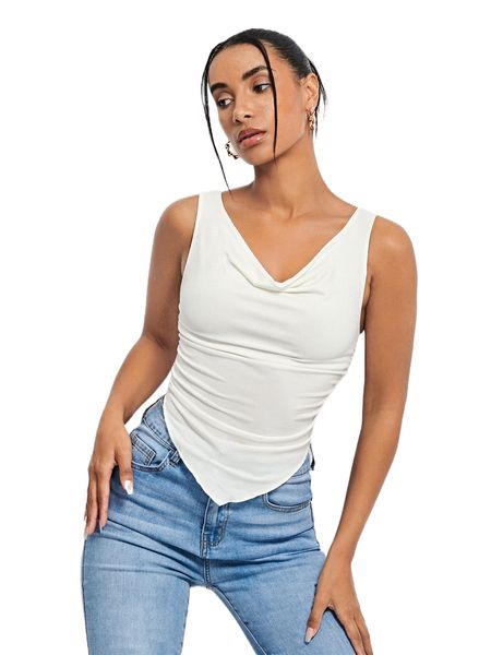 

evolu recycled polyester draped collar ruched hanky hem tank n6fl#, White