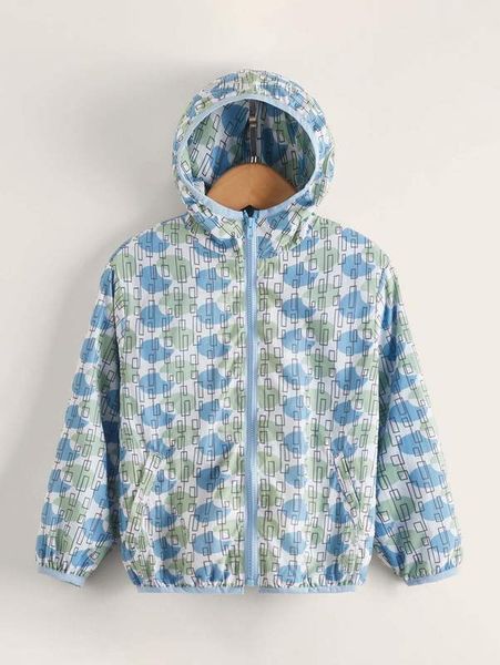 

toddler boys geo print contrast binding zipper hooded jacket she, Blue;gray