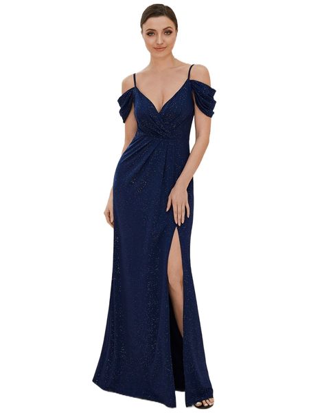 

ever-pretty cold shoulder split thigh glitter formal dress 59cb#, Black;gray