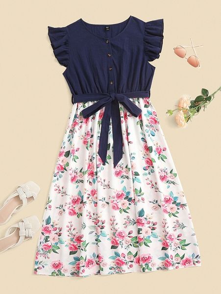 

plus floral print flutter sleeve belted dress y6g1#, Black