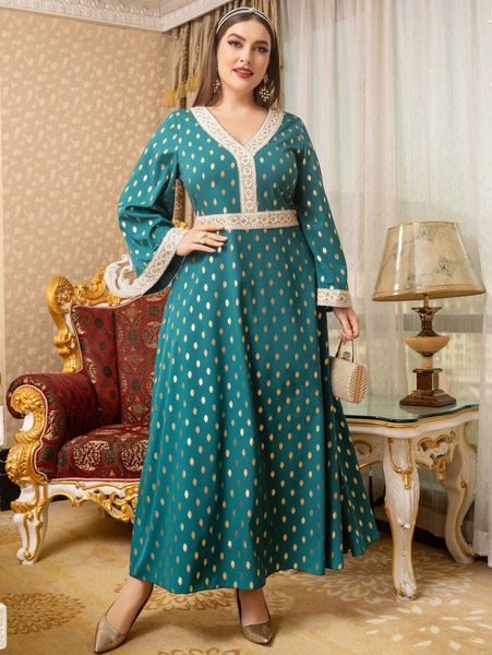 

plus gold dot print contrast tape trumpet sleeve dress h75c#, Black