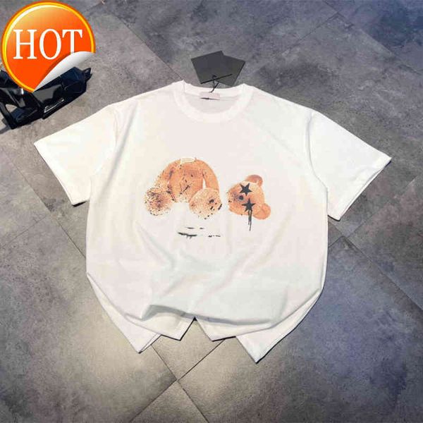 

trend men t shirt plamangels five-star eyes short sleeve broken head bear shirts round neck men's and women's casual versatile fas, White
