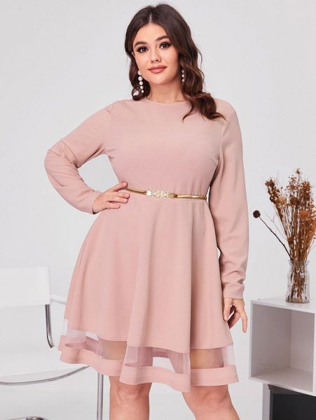 

plus sheer mesh insert dress c85t#, Black