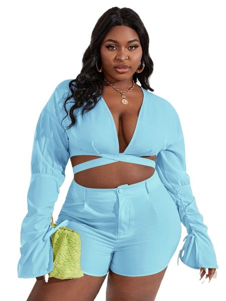 

sxy plus tie back drop shoulder split cuff crop & shorts n4jc#, Black