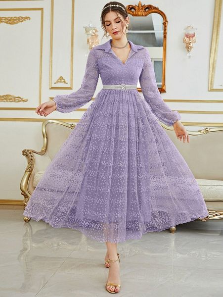

floral embroidery mesh bishop sleeve dress without belt 87kb#, Black;gray